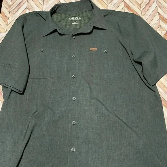 Orvis Short Sleeve Button Up Shirt Lg Performance Green Blue Outdoor Casual Golf - Picture 5 of 8